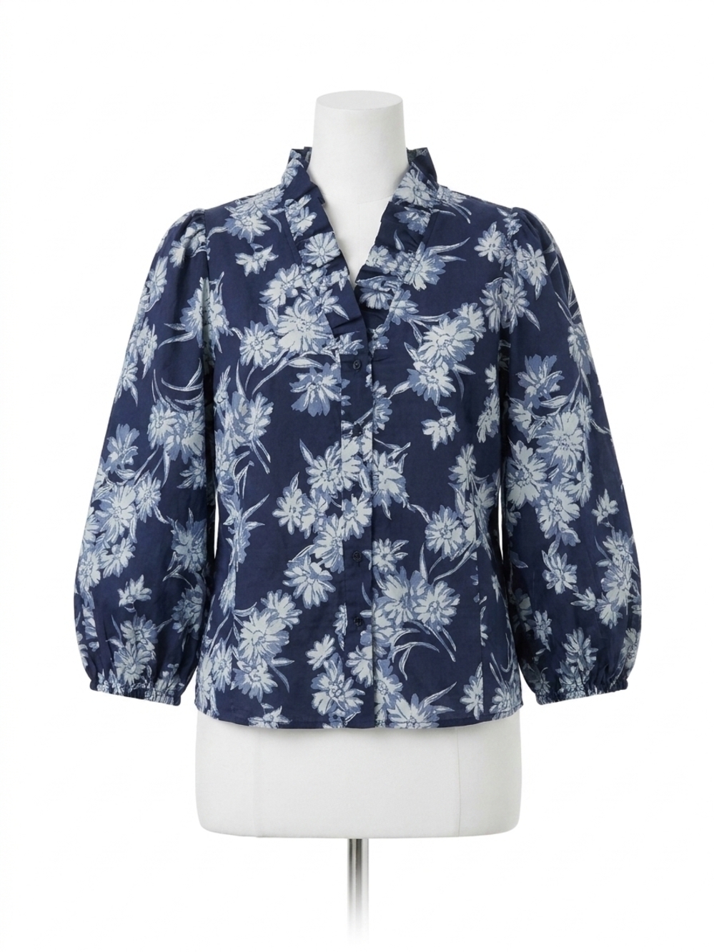 NEW ENTRO floral ruffle neck blouse in blue